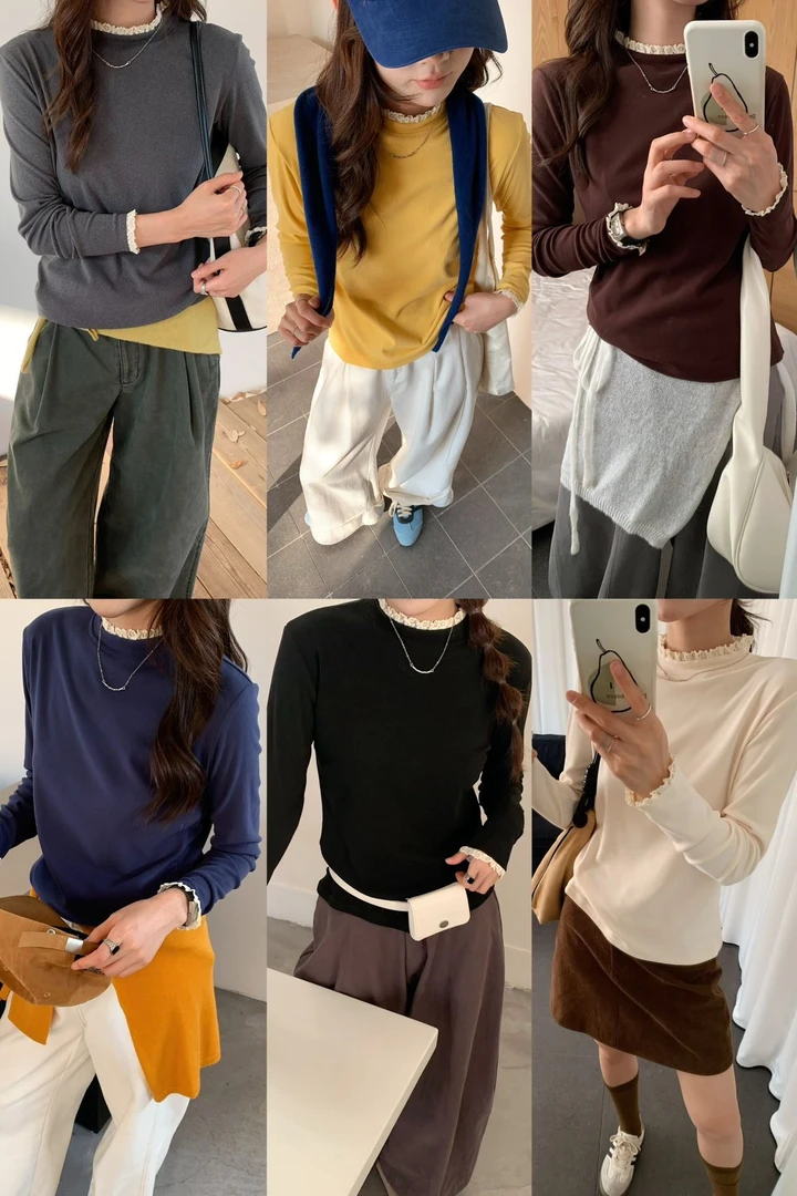 3239 女款不加绒打底衫 花边领口 T恤