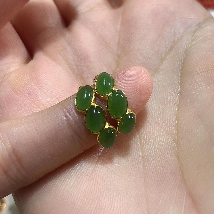 银S925镀金镶嵌和田玉（碧玉）耳饰背****?