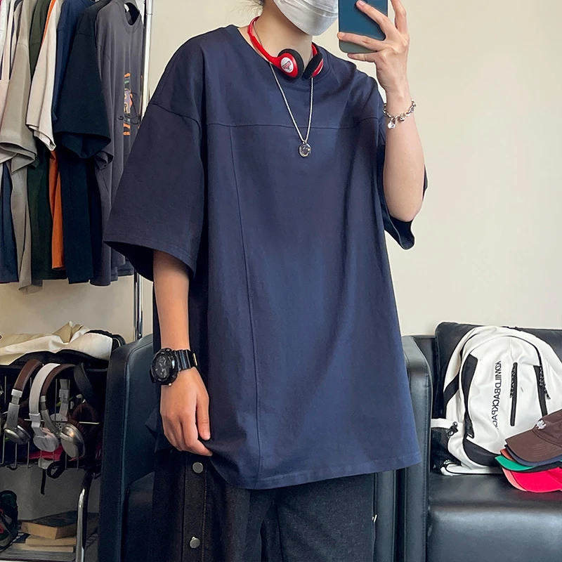 2025纯棉日系T恤美式高街潮流时尚百搭宽松休闲圆领七分袖短袖潮