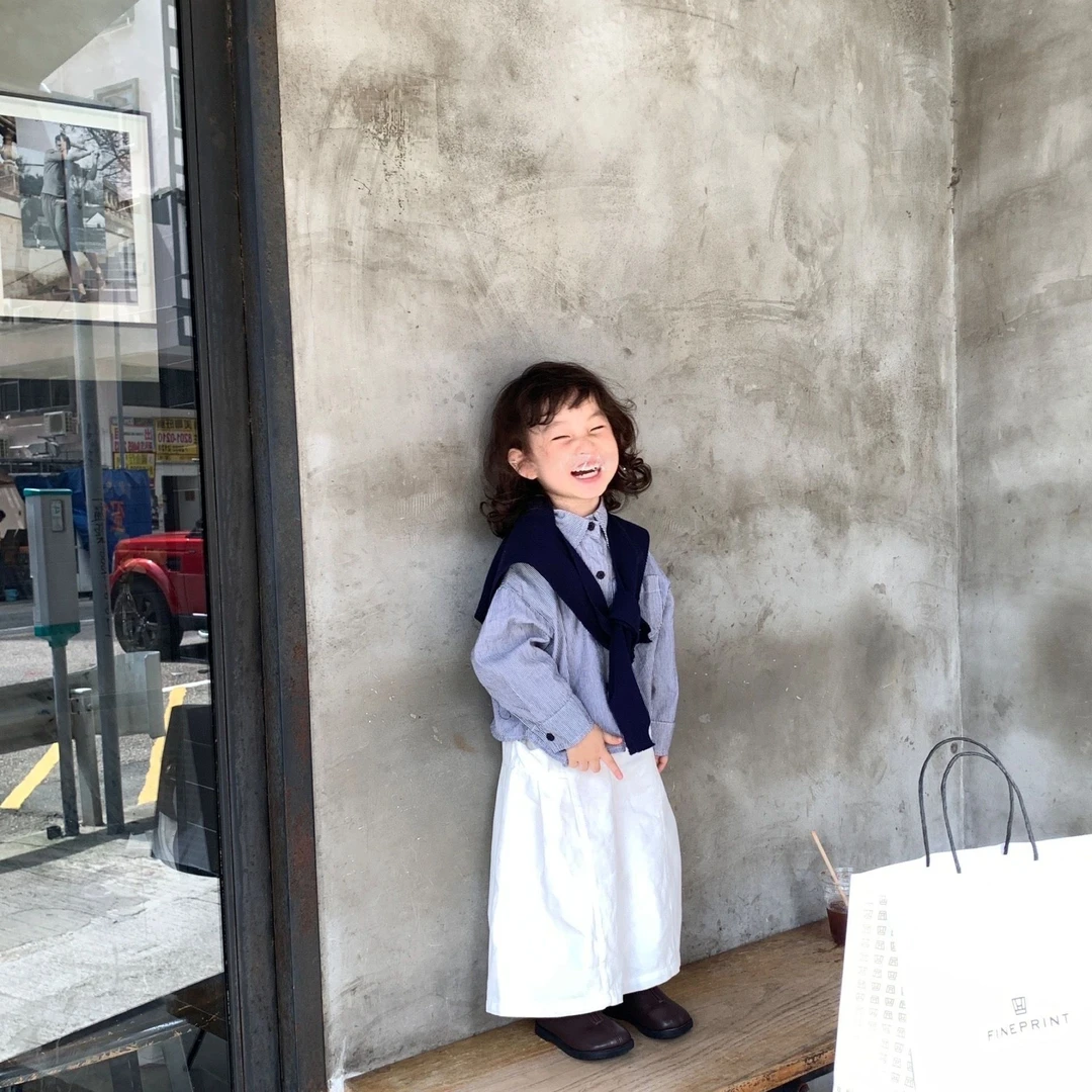 壹妈韩版童装女童秋装套装洋气儿童时髦蓝色条纹衬衫上衣白色裤子