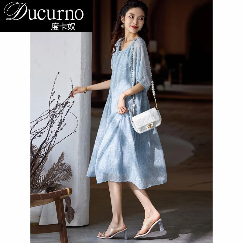 珠片刺绣雪纺法式连衣裙夏季新款宽松欧货大码气质裙子洋气衣服女