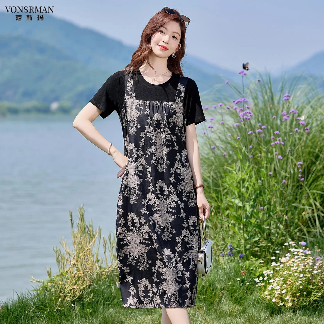 假两件拼接印花背带连衣裙女2025夏新款宽松减龄休闲短袖T恤裙子t