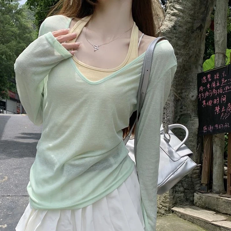 纯欲风套装V领薄款防晒罩衫长袖T恤女夏季小众挂脖背心上衣两件套