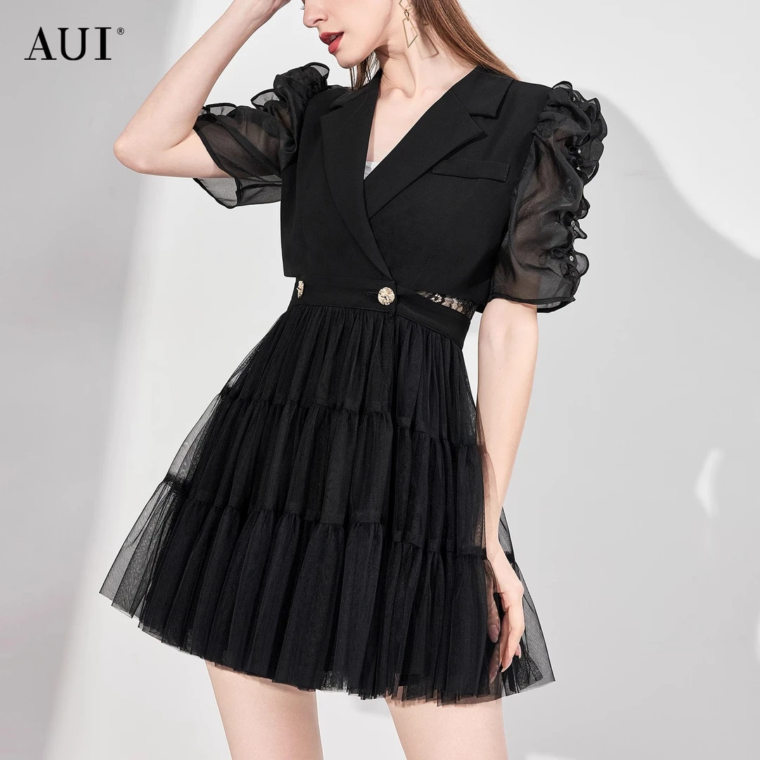 【老板娘夏天】AUI黑色西装连衣裙气质修身网纱小黑裙-23C012306
