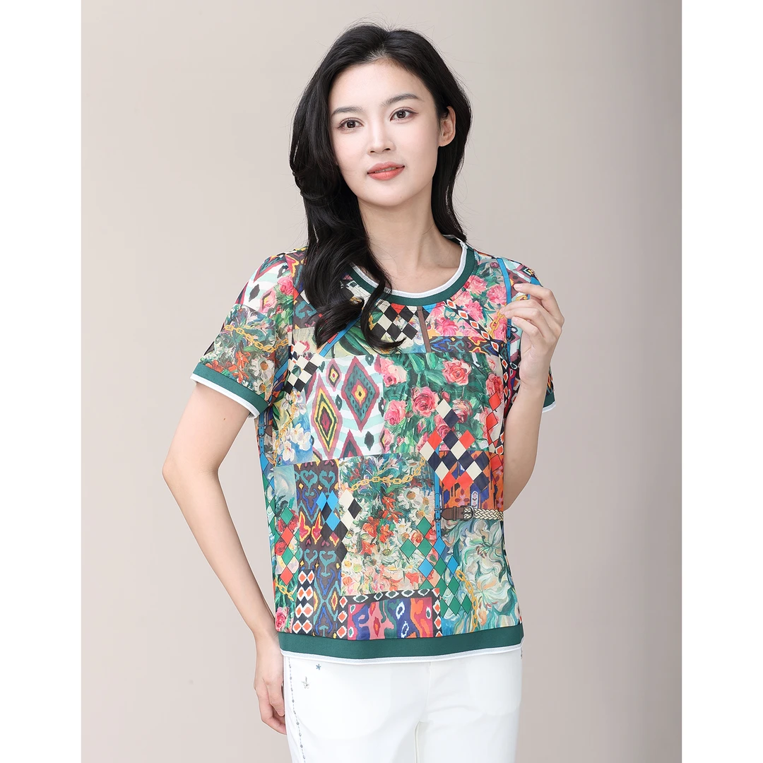 冰感网纱短袖T恤洋气妈妈装夏季雪纺衫上衣短款中老年花色衬衣女