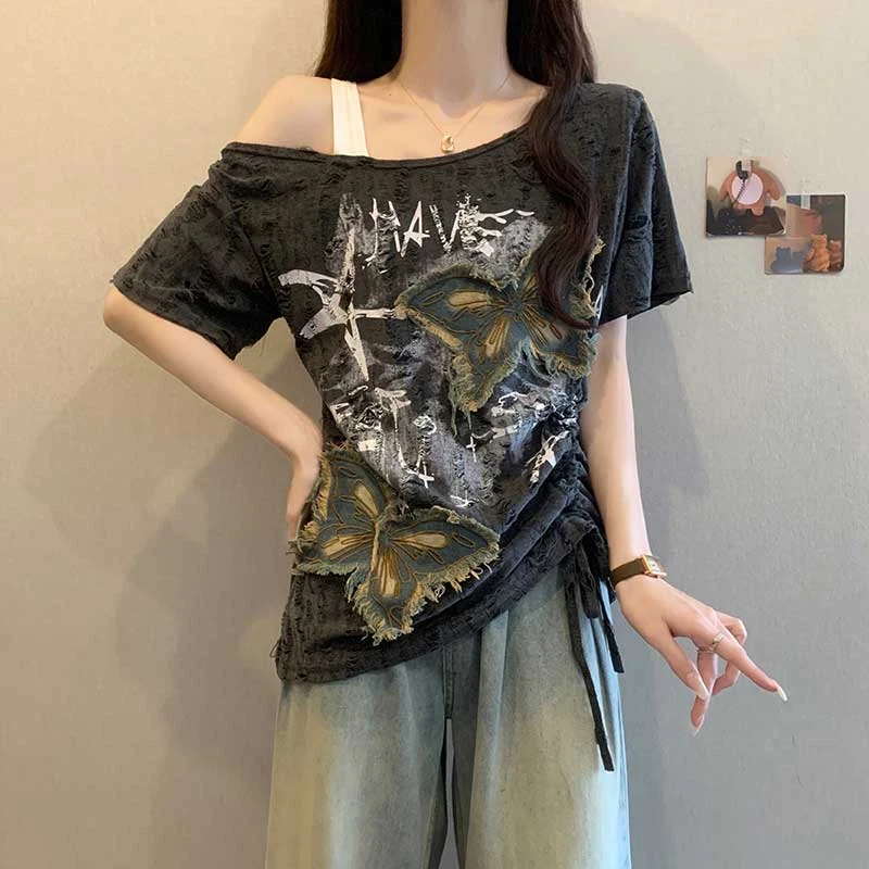 微胖妹妹大码女装夏季美式复古蝴蝶贴布露肩上衣辣妹破洞抽褶短袖