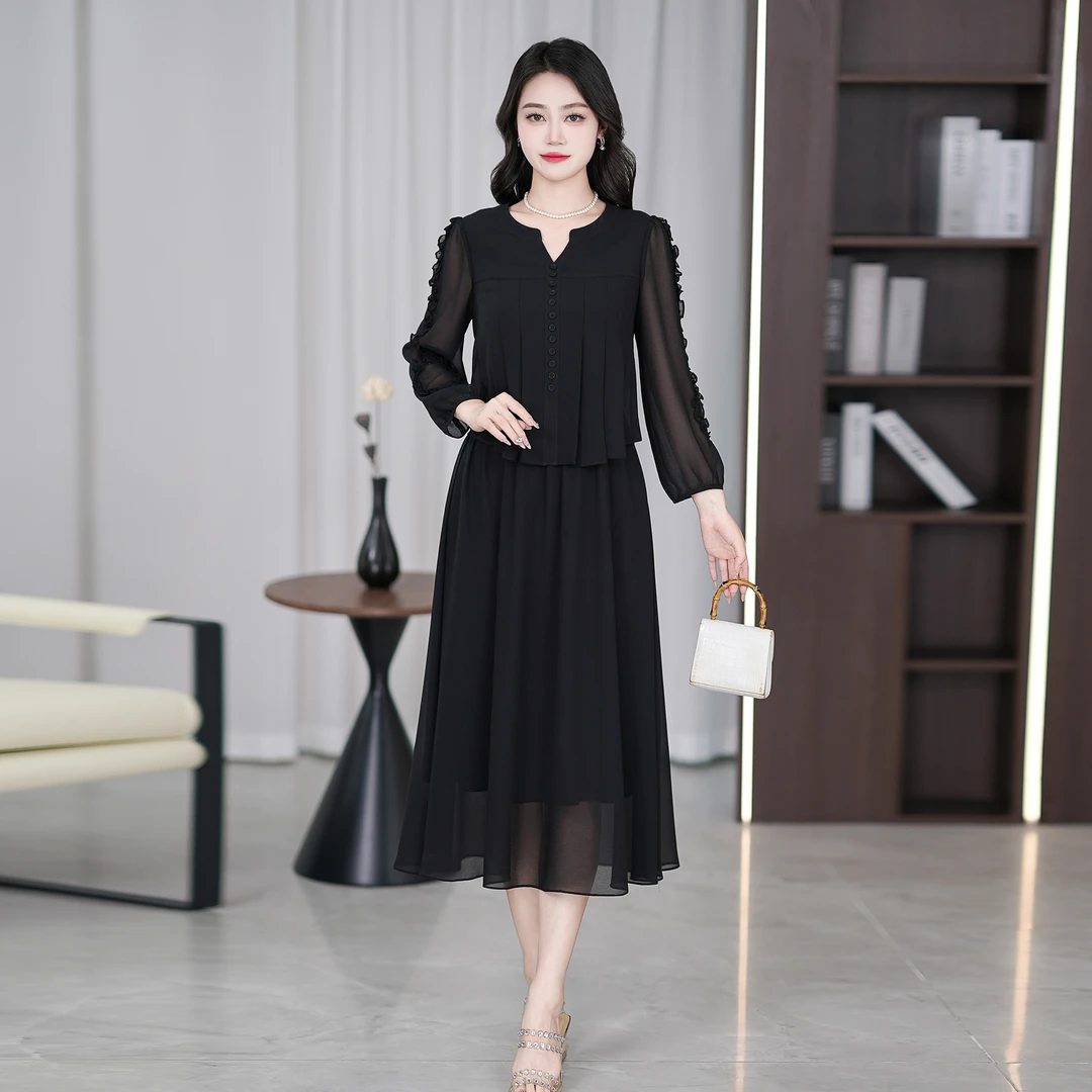【现货】黑色尤莱特穿搭纯色时尚气质显瘦轻奢长裙连衣裙