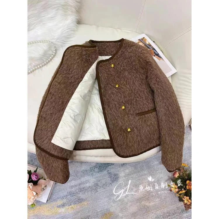 高级感咖色毛呢小香风棉服女冬季韩版宽松加厚外套