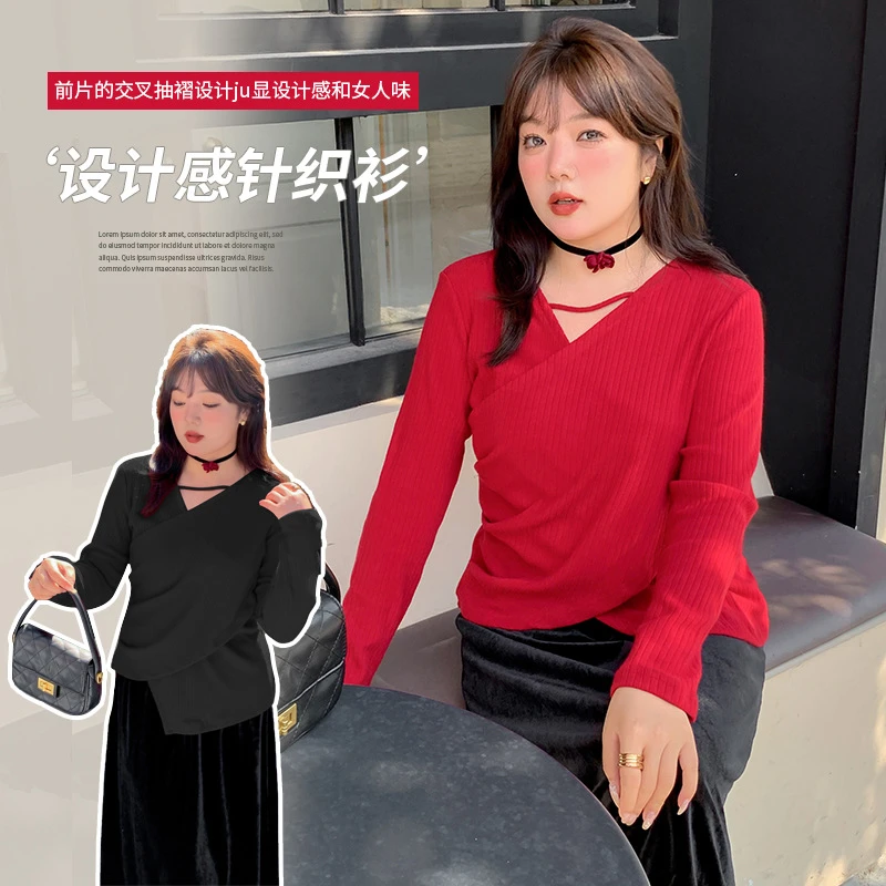 【红袖雨】大码女装修身V领针织衫冬季不规则打底毛衣AJ0223431061