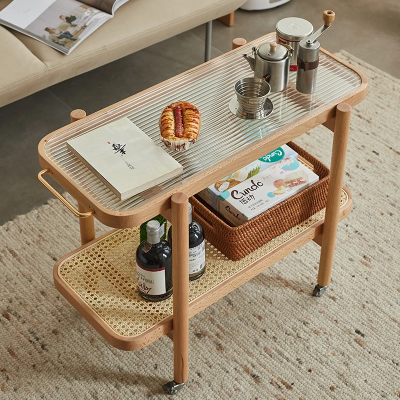 天茂森移动实木边几小茶几沙发边柜小推车角几边桌藤编收纳置物架