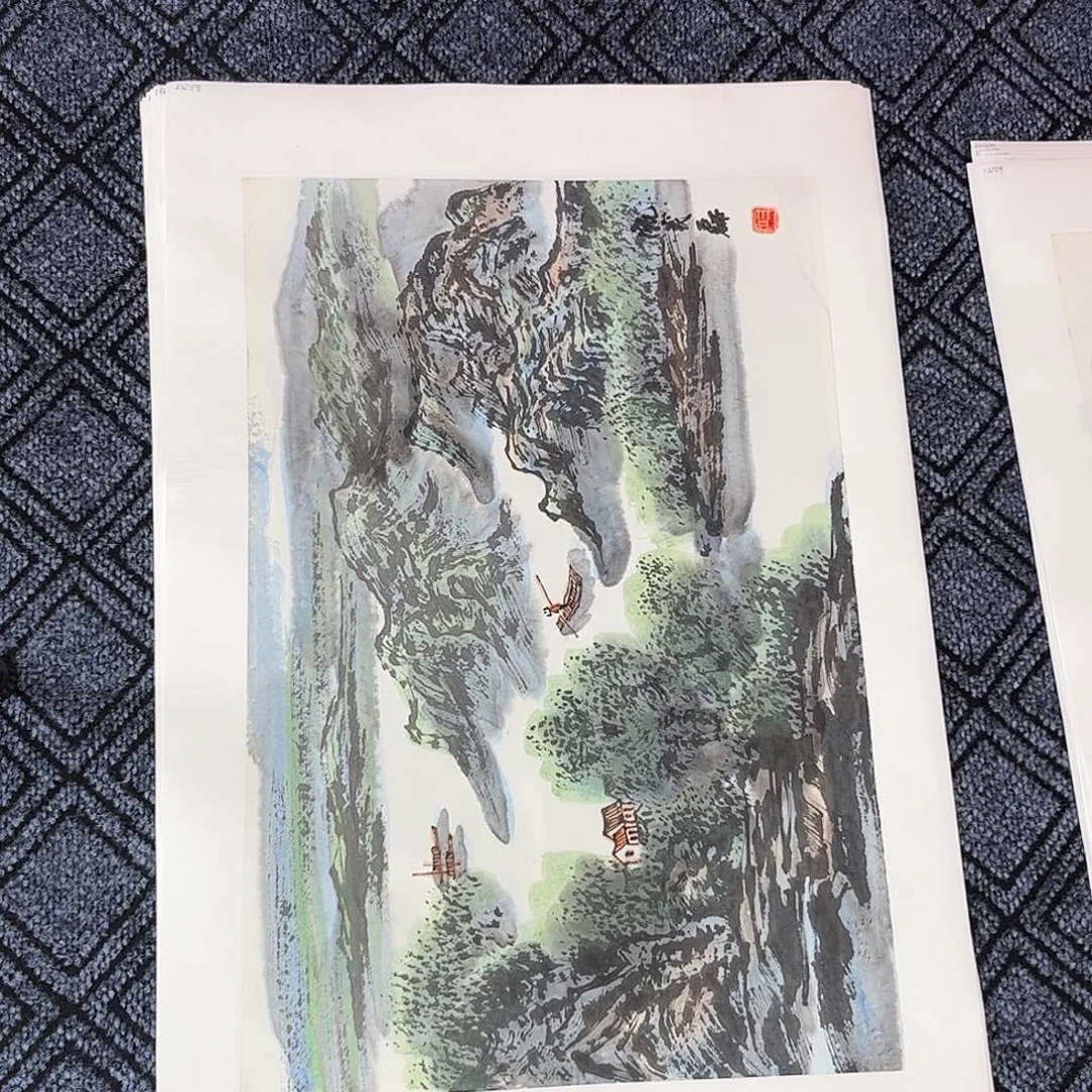 沄***海国画甄茂磊老师四尺三开山水作品旭