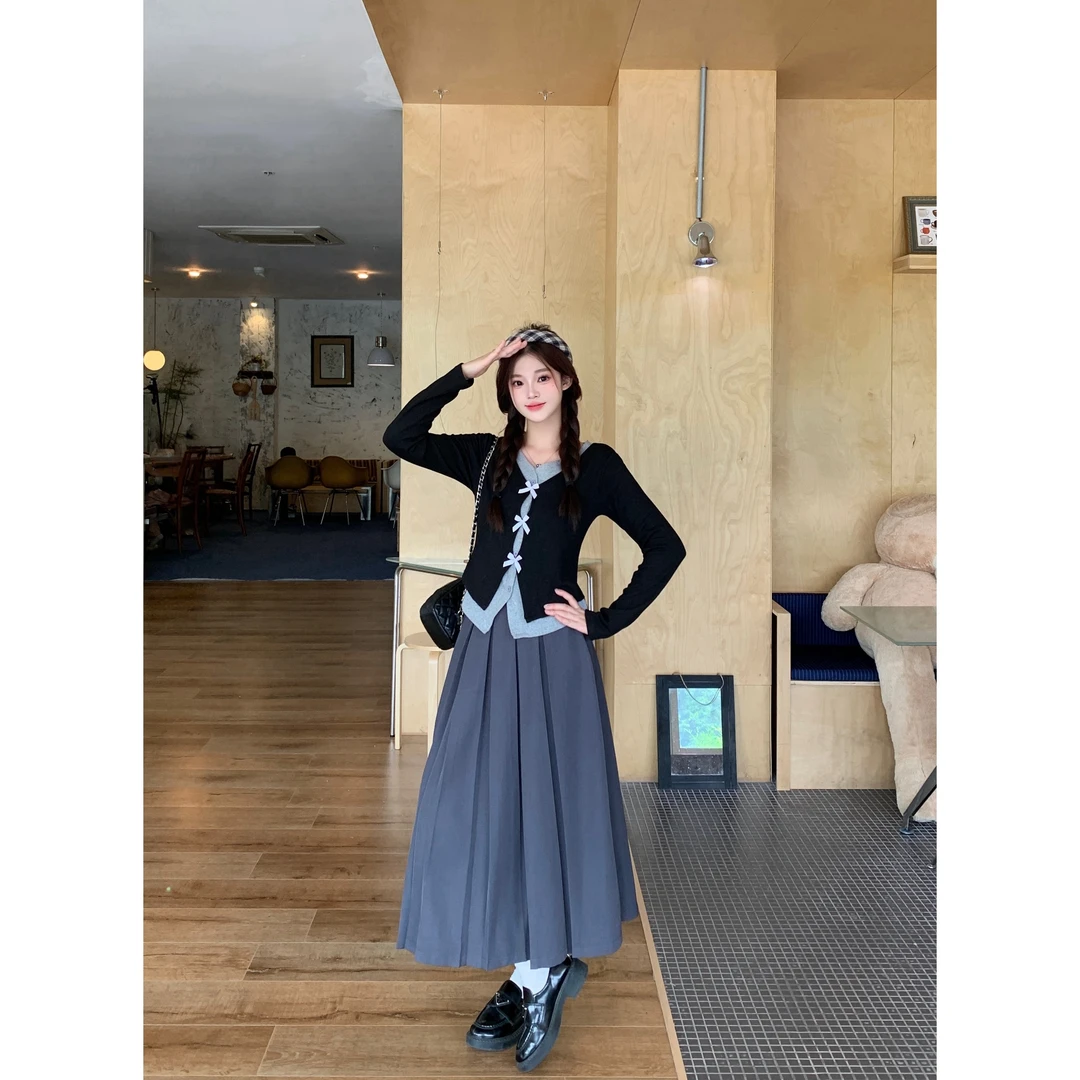 长2025秋季大码学院风减龄假两件上衣百褶半身裙套装80429+80330