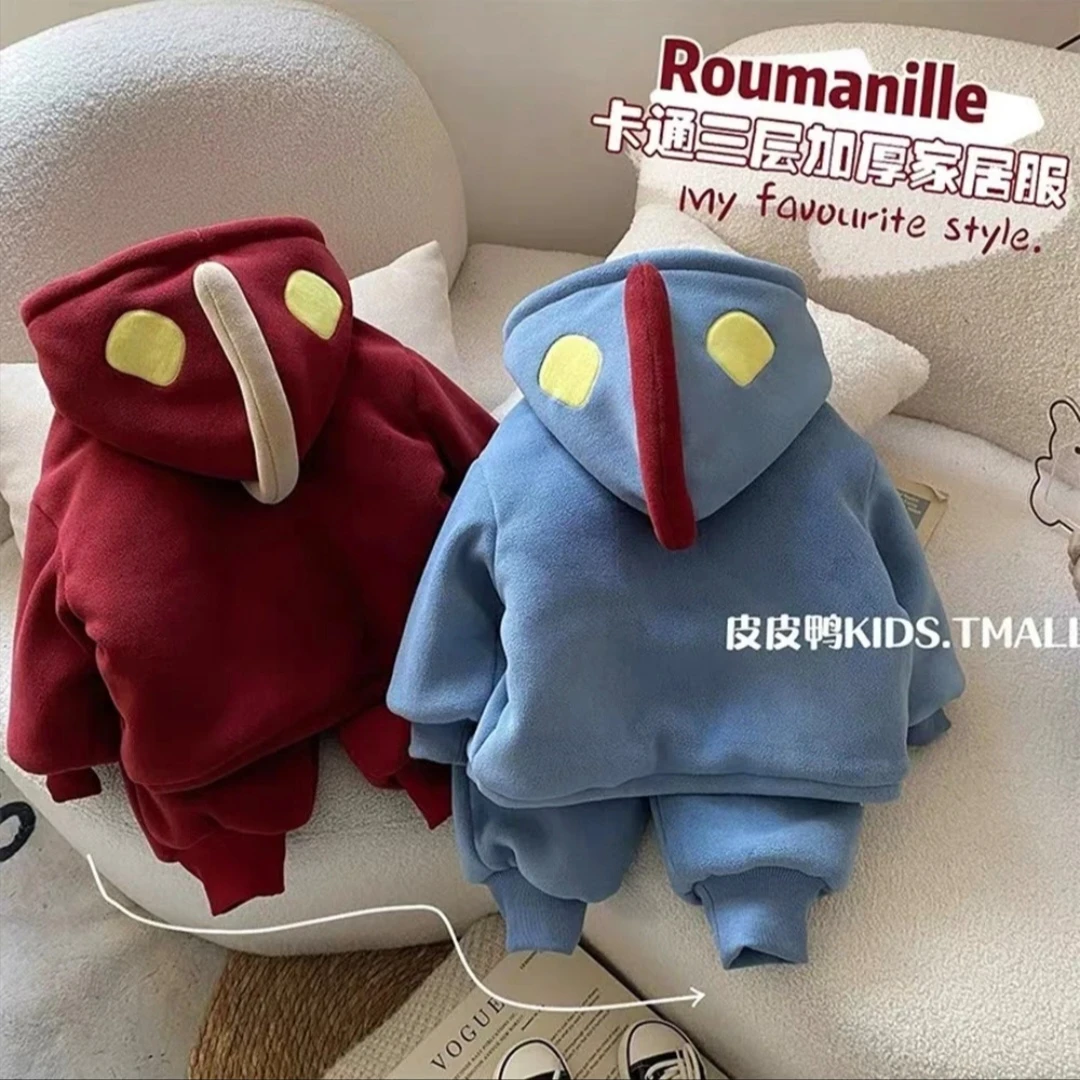 儿童家居服套装短裤中小童奥特曼加棉加绒两件套男女童超厚套装潮