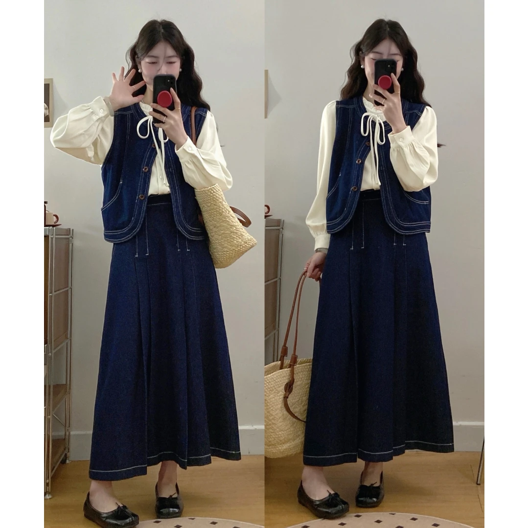 MO88ZSPF2025大码女装春日系绑带衬衫+复古牛仔马甲+半身裙套装