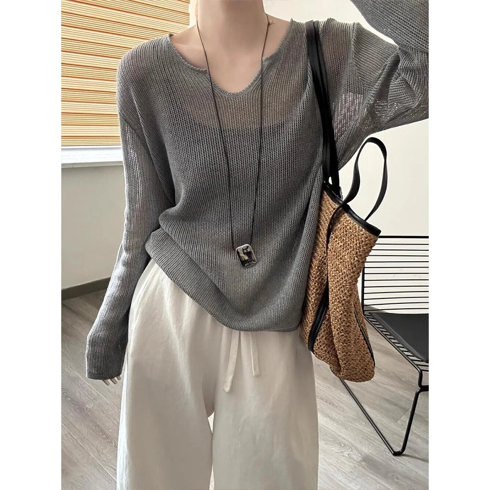 韩系灰色v领镂空冰丝针织罩衫女夏季吊带外搭薄纱上衣空调衫