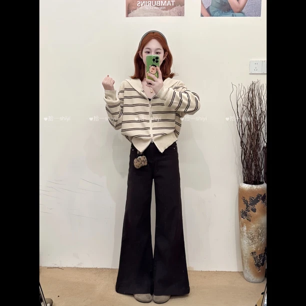 拾一【双拉链帽衫】撞色条纹开衩毛衣