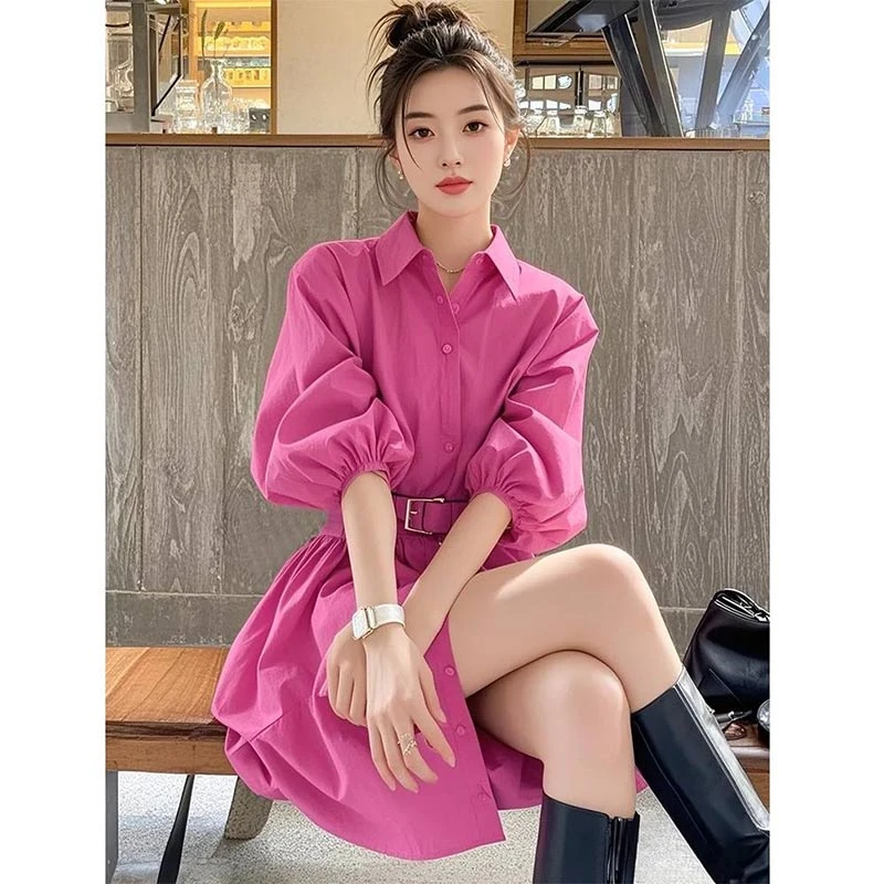 2025春夏新款韩版设计感洋气衬衫连衣裙女时尚七分袖高档洋气裙子