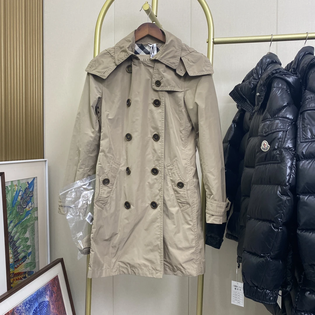 99新 BURBERRY/博柏利 博柏利双排扣可拆帽风衣UK8码11500女装