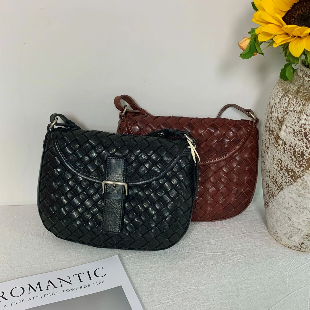 植鞣头层牛皮手工牛家编织马鞍包斜挎单肩