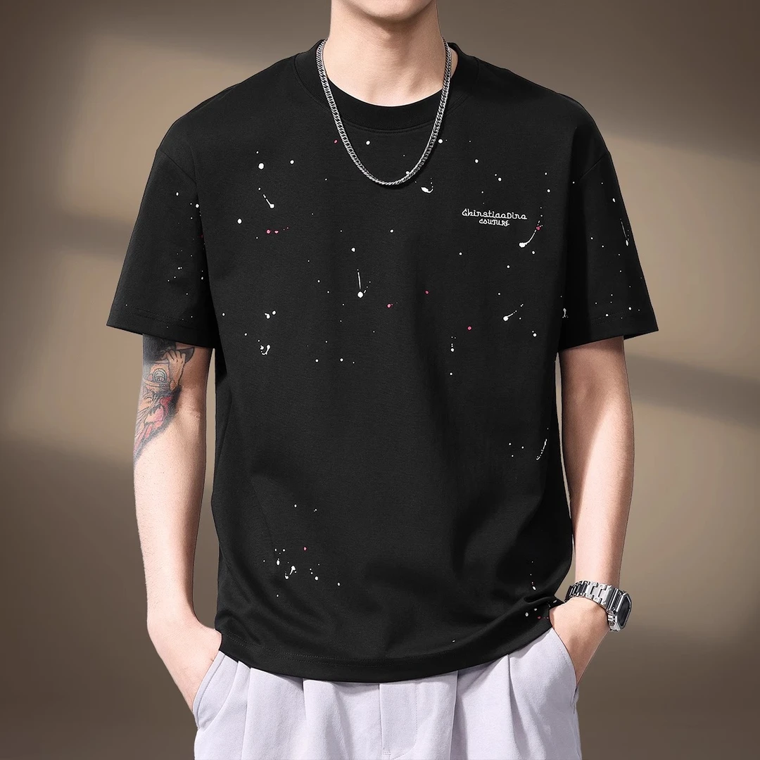 高端泼墨绣花短袖T恤男士夏季新款高支高密圆领宽松大码透气体恤
