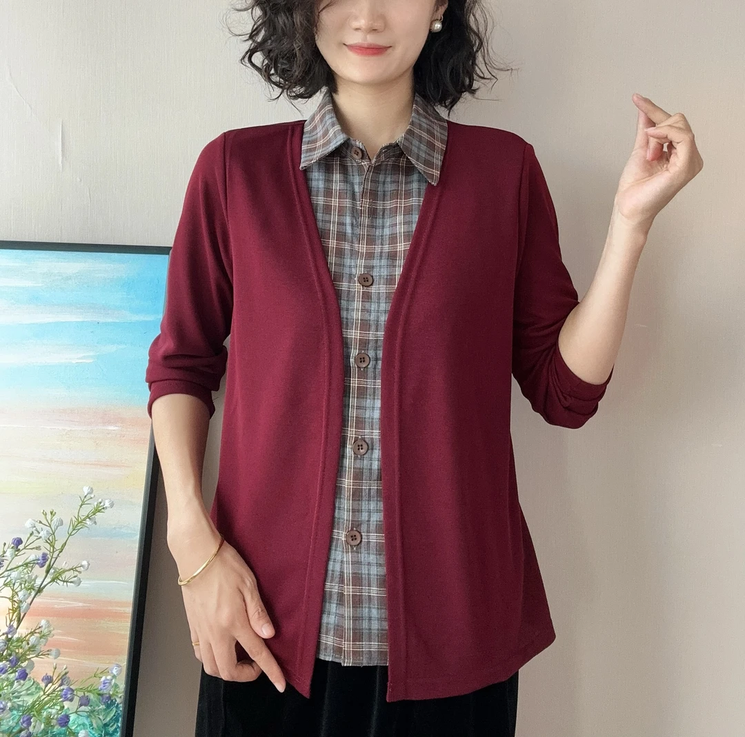 秋季新款衬衫领假两件气质百搭妈妈装上衣