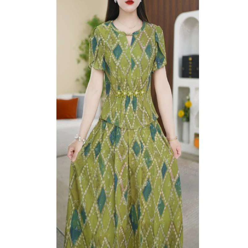 【上下套装】夏季新款圆领花色显白透气舒适两件套套装裙M-4XL