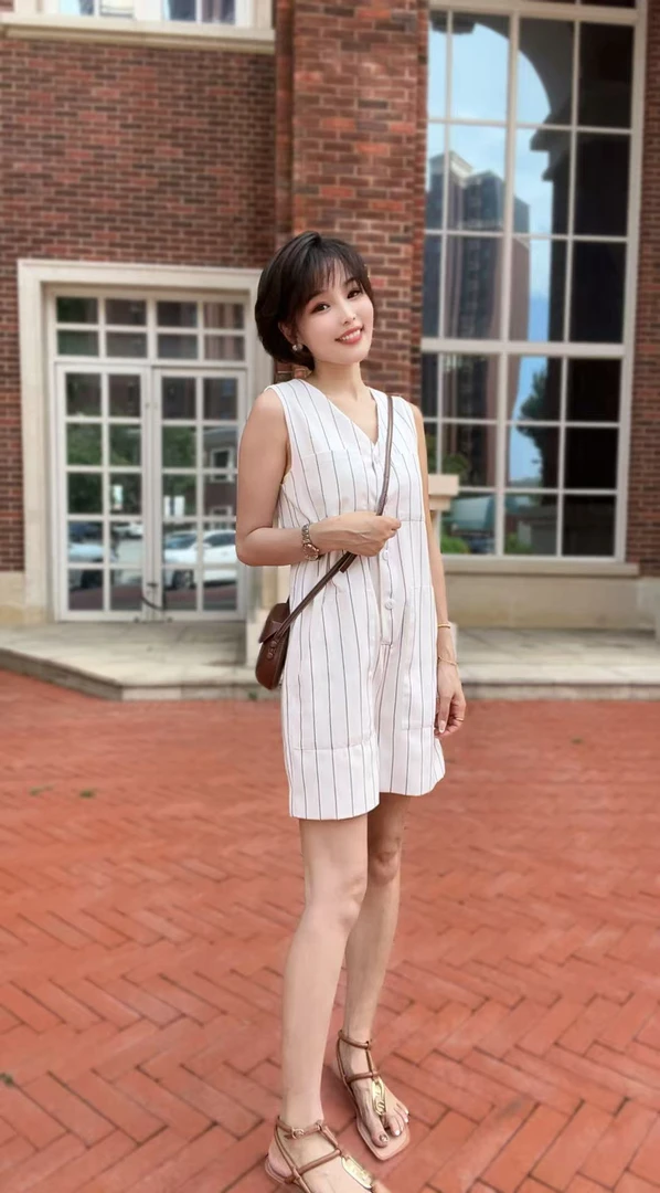 新款休闲时尚亚麻工装欧货连体短裤女0713