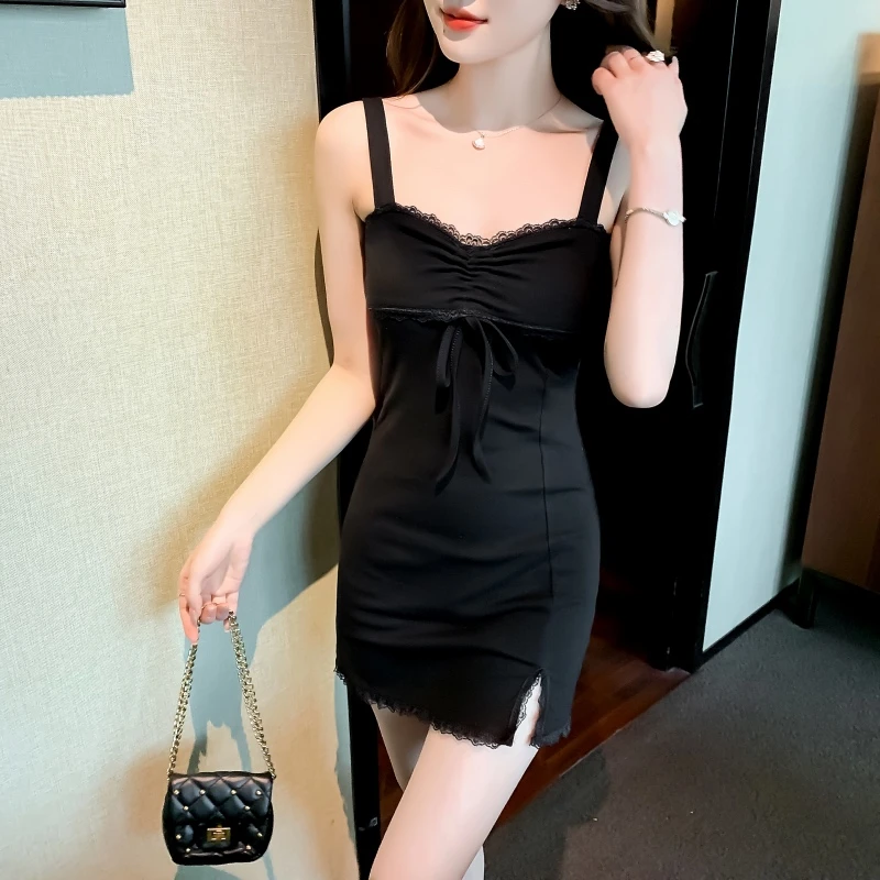 吊带连衣裙时尚性感辣妹低胸抽绳女设计感露背紧身显瘦包臀开叉裙