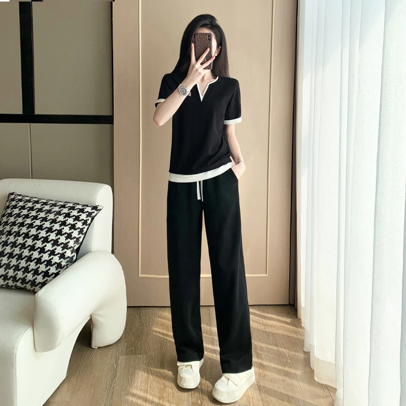 韩版休闲运动套装女夏季减龄显瘦百搭假两件V领短袖阔腿裤两件套