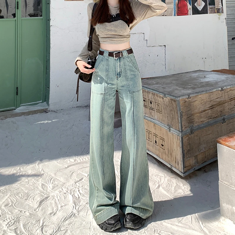 复古水洗阔腿微喇牛仔裤女2025春季新款小众高腰显瘦垂感拖地裤潮