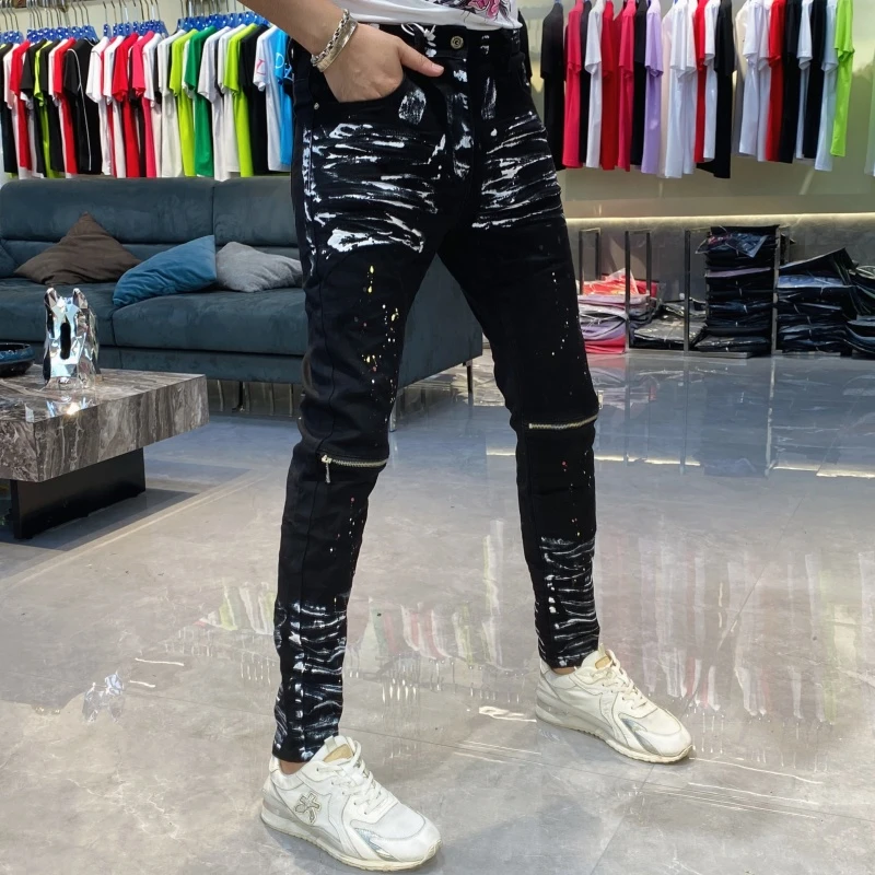 【也许家】新品男士春秋高端个性牛仔裤修身小脚黑色长裤MM83881