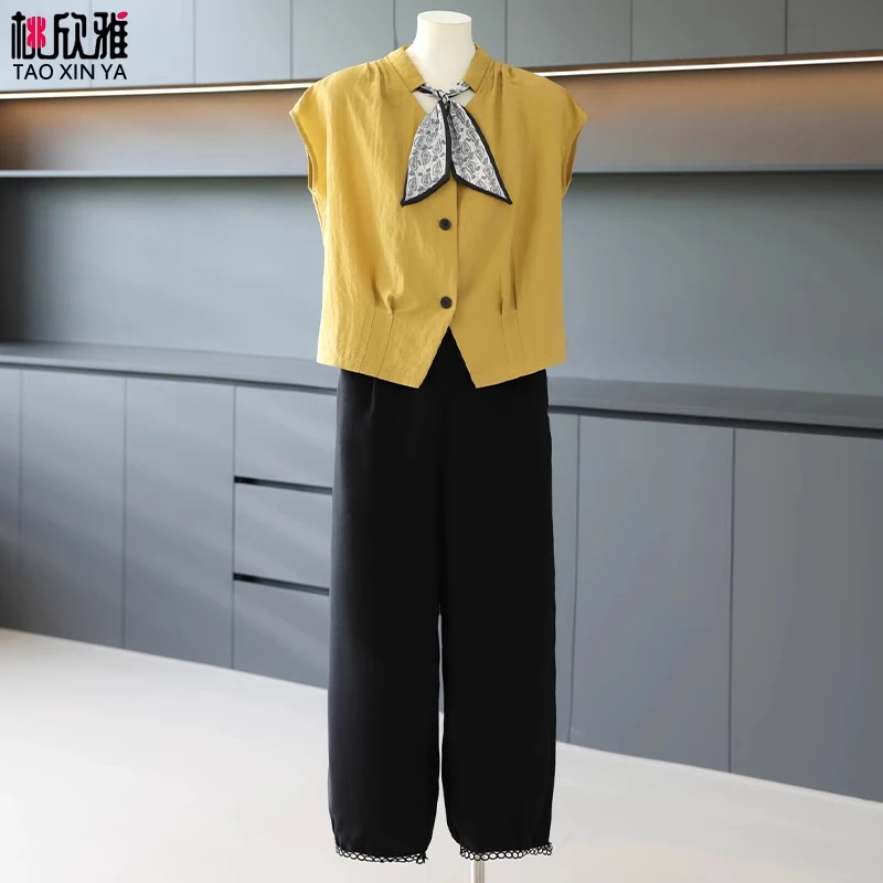 妈妈装夏套装时尚气质丝巾棉麻上衣中老年女士夏季短袖衬衫40岁50