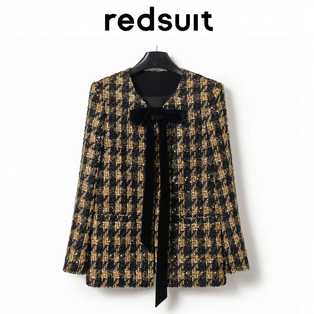 redsuit 高奢气质黑黄格子精致粗花呢小香风外套中长款蝴蝶结上衣