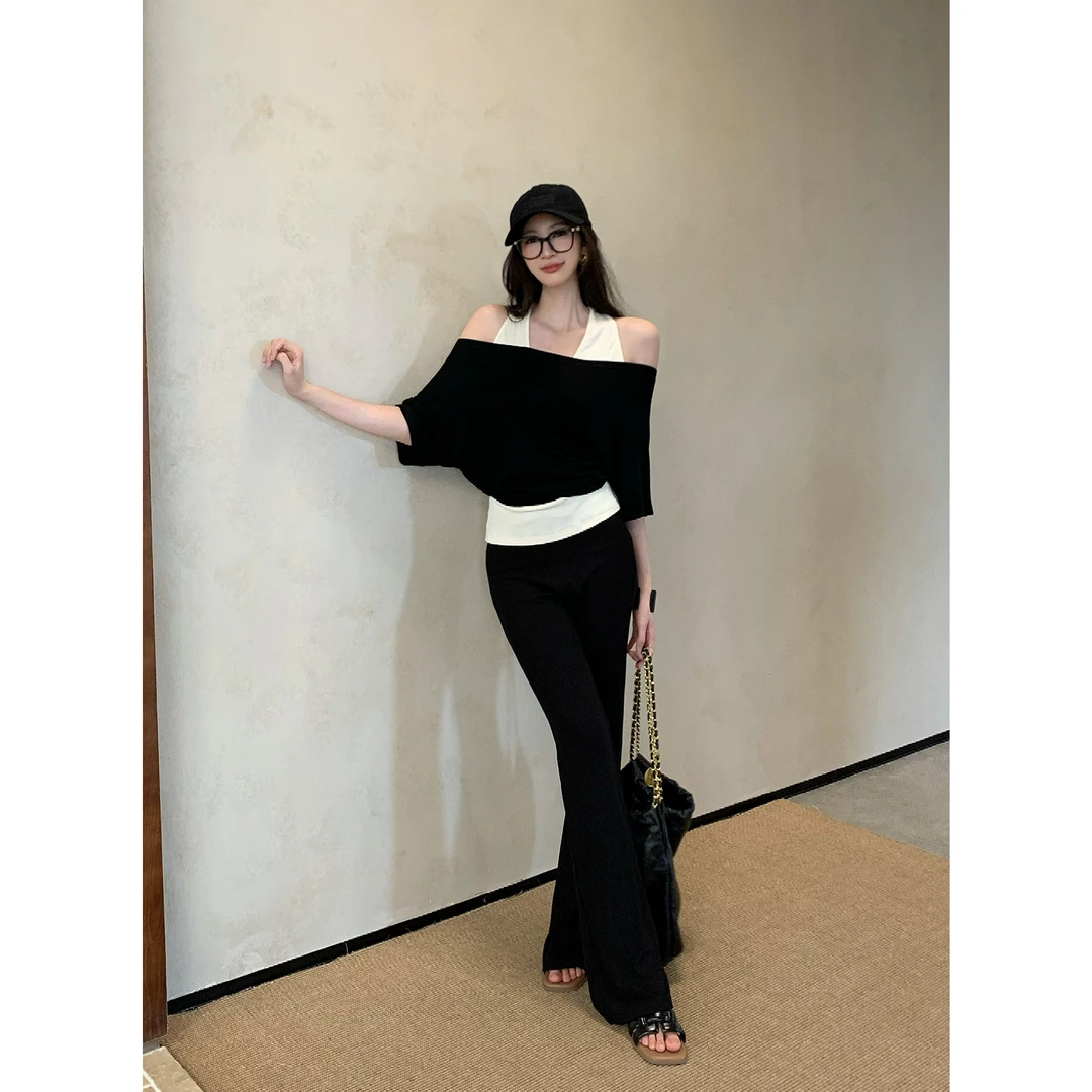 JIJINQI显瘦通勤露肩假两件上衣高腰松紧超模裤女JD05SZXL781