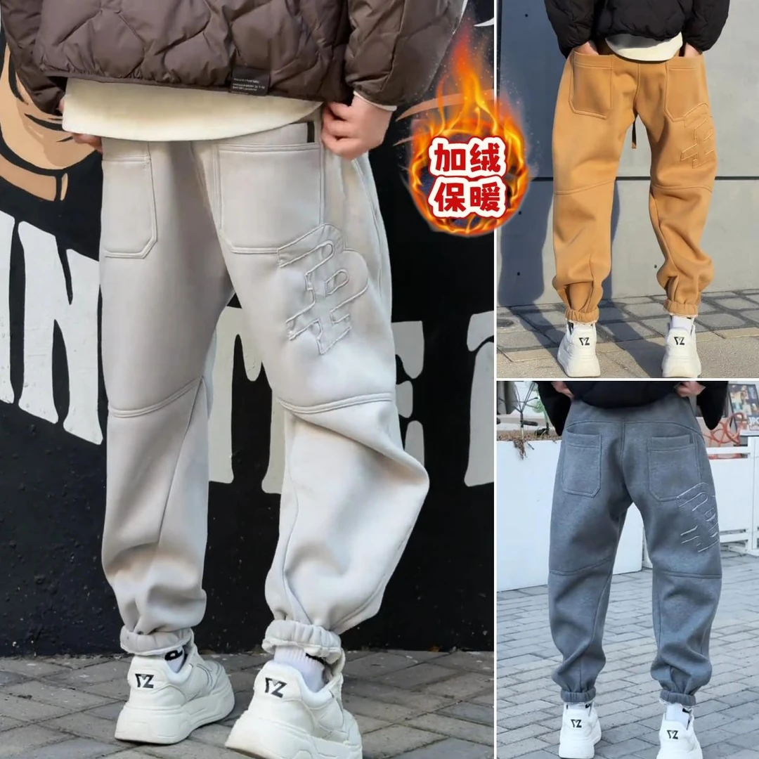 2025秋冬加绒加厚美式束脚卫裤男士宽松刺绣韩版休闲裤痞帅哈伦裤
