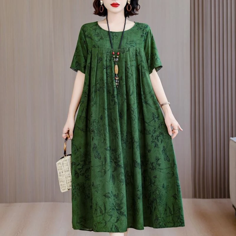 夏季中老年女士纯棉绸睡裙加肥大码宽松妈妈休闲短袖家居服连衣裙
