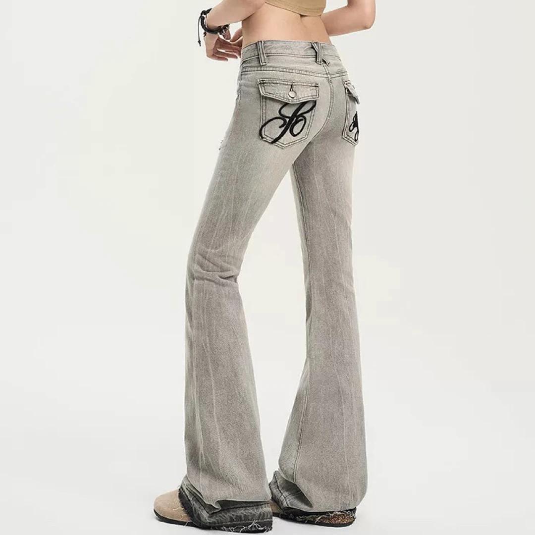 【有瑕疵 介意勿拍】烟灰色低腰微喇牛仔裤