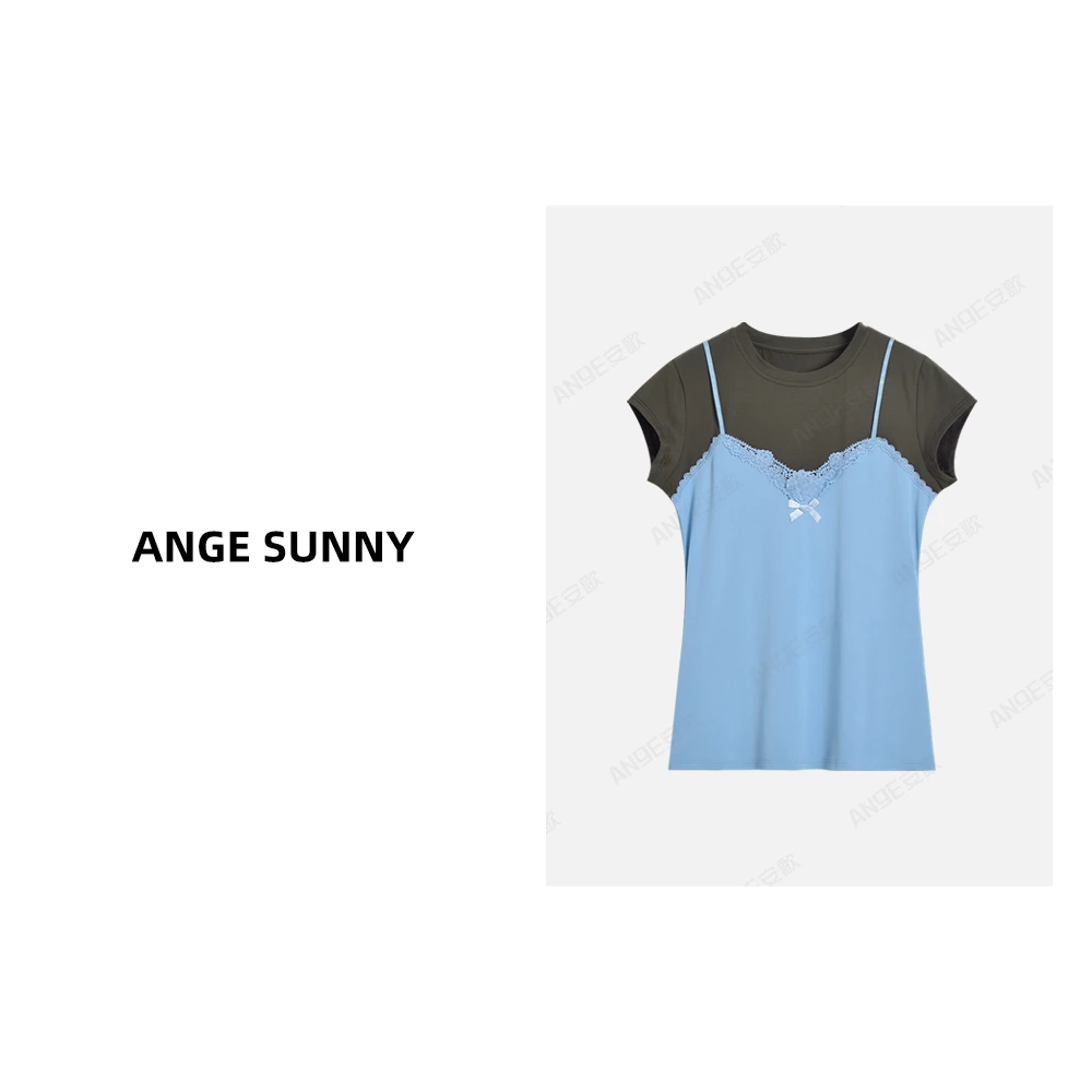 ANGE SUNNY【程潇同款 假两件蕾丝T恤】蝴蝶结时尚装饰吊带T恤