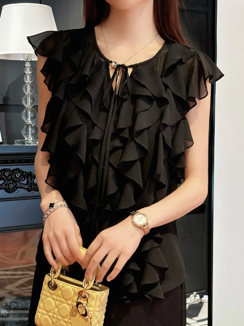 Rainie-【浪漫少女】原创荷叶边绑带无袖修身时尚轻奢女上衣显瘦