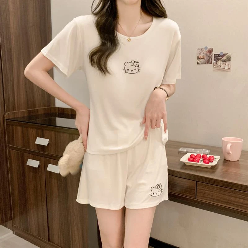 夏季睡衣女款可外穿带胸垫莫代尔冰丝薄款纯棉家居服可爱短袖套装