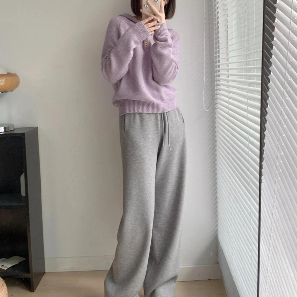 2025早秋新款韩系套装女设计感紫色连帽毛衣搭配灰色休闲裤两件套