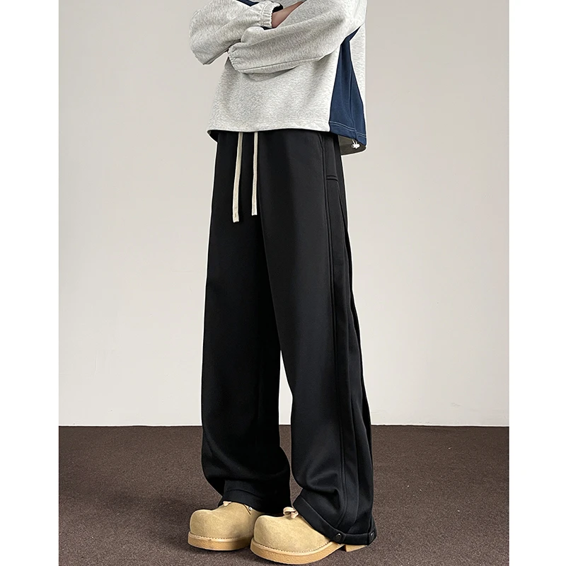 美式高街裤子男春秋季潮牌拼接铆钉设计感宽松直筒垂感拖地休闲裤