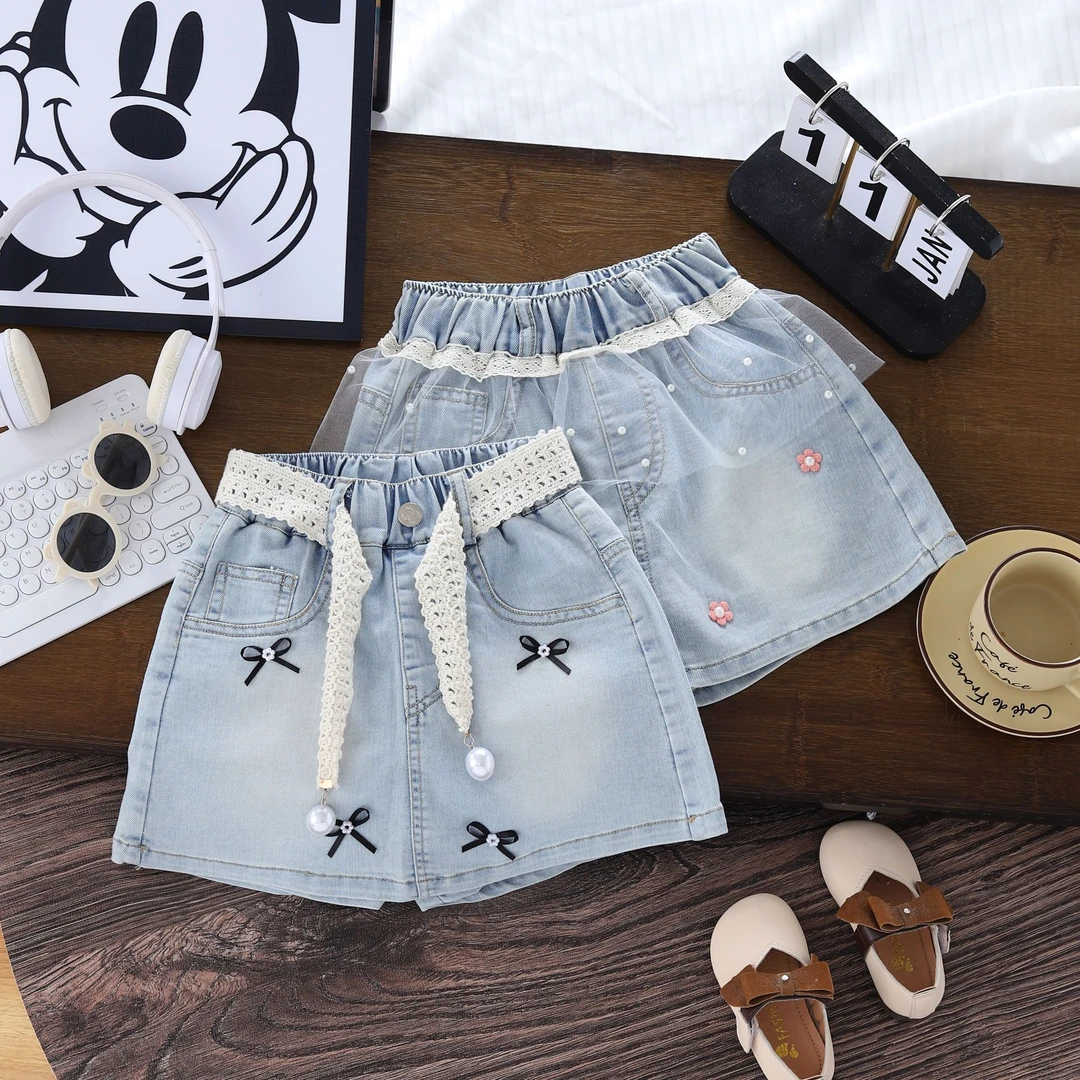女童短裤裙夏季中腰牛仔短裤时尚热裤韩版女童牛仔短裤裙云朵棉