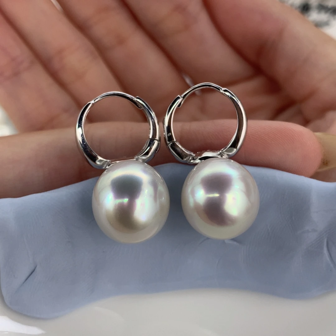 定制海水珍珠银S925镶嵌耳饰澳白炫彩11.9-12mm