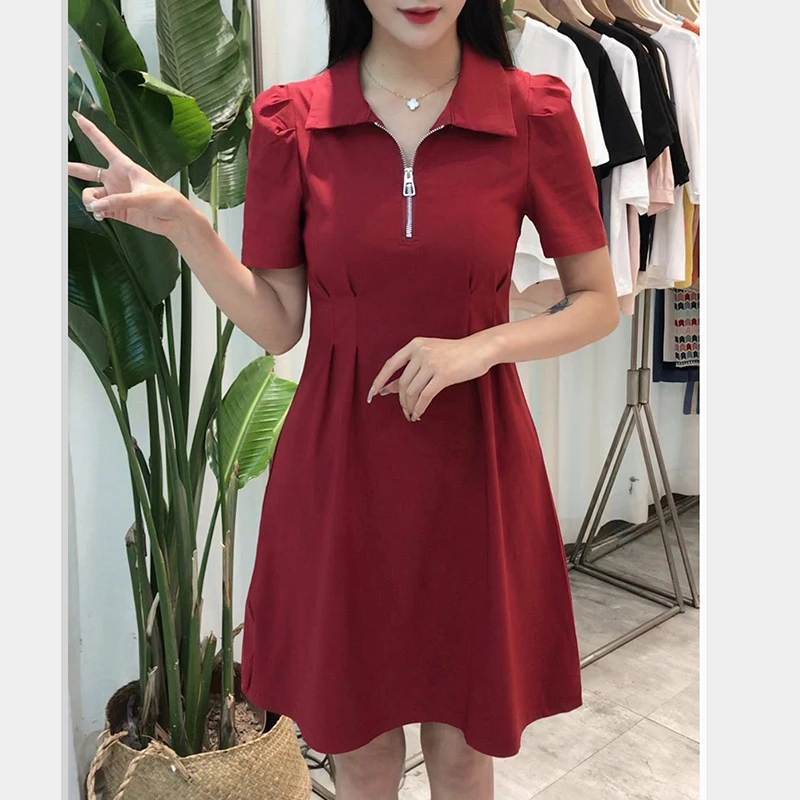 高档纯色休闲法式收腰短袖连衣裙2024夏新遮肉显瘦通勤小个子裙子
