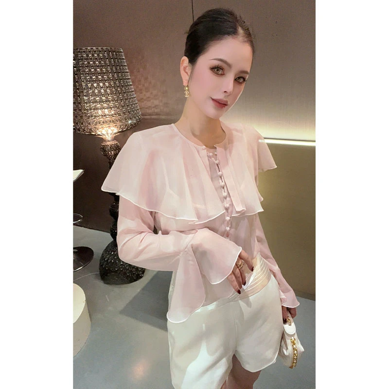 （特价-两件套）圆领拼接斗篷喇叭长袖衬衫CS30856