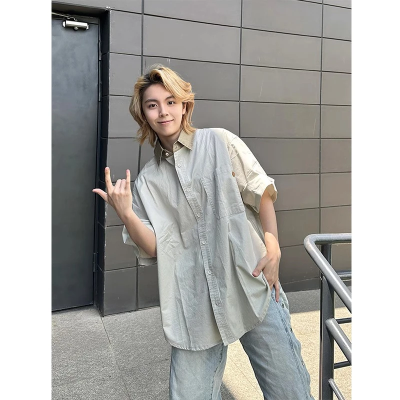 日系穿搭撞色衬衫外套短袖cleanfit男款夏季轻薄速干宽松休闲衬衣