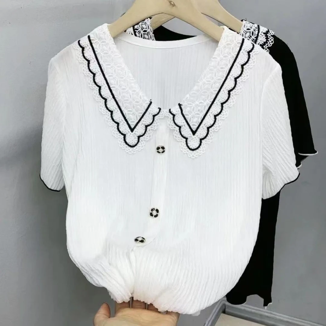 欧洲站蕾丝花边打底衫设计感短袖拼接小衫小香风洋气褶皱雪纺衫潮