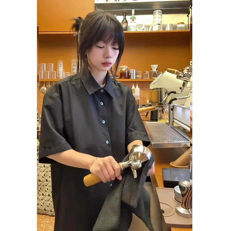 浮雕永生花刺绣花领衬衫男短袖设计感暗纹衬衣高级感cleanfit外套