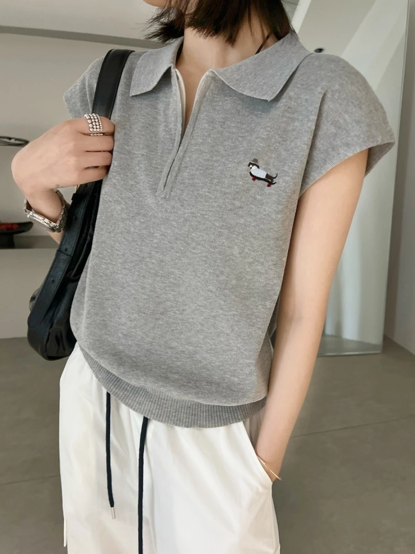韩系蓝色半拉链polo领针织短袖t恤女夏季小个子短款冰丝上衣正肩